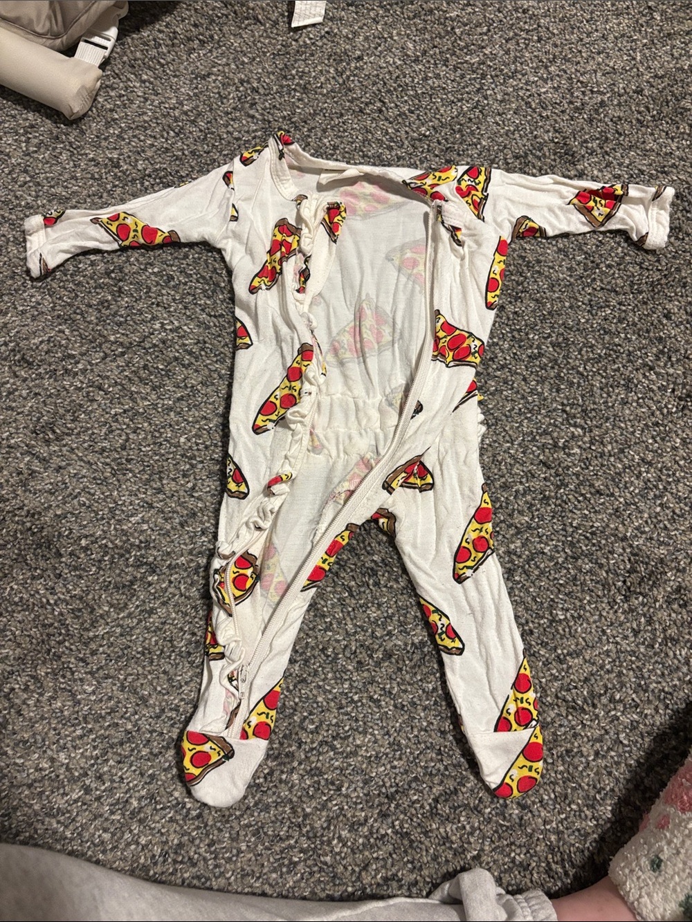 Newborn White Pizza-Print Footed One-Piece Pajamas